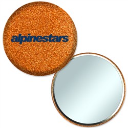 Compact Mirror with Reflective Orange Glitter, 3" diameter, Item # AMIM30-105