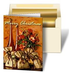 3D Lenticular Greeting Christmas Card with Custom Design, Red Wine Bottles, Flowers, and Bags, Depth